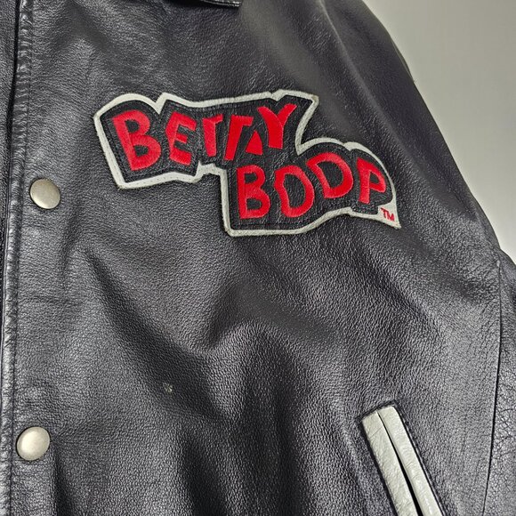 Vintage Y2K American Toons Betty Boop Mens Small Black Leather Bomber Jacket - Picture 6 of 14